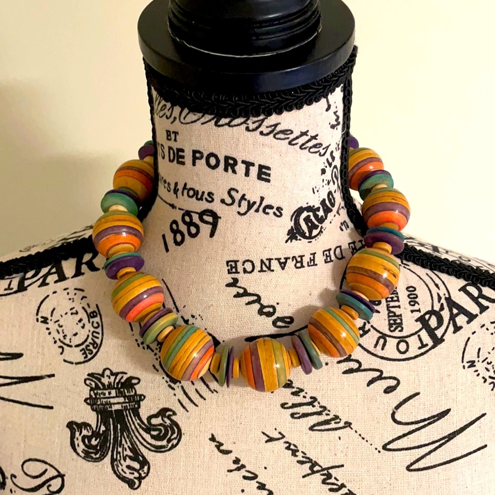 Vintage Chunky Wooden Bead Boho Necklace Multi-color